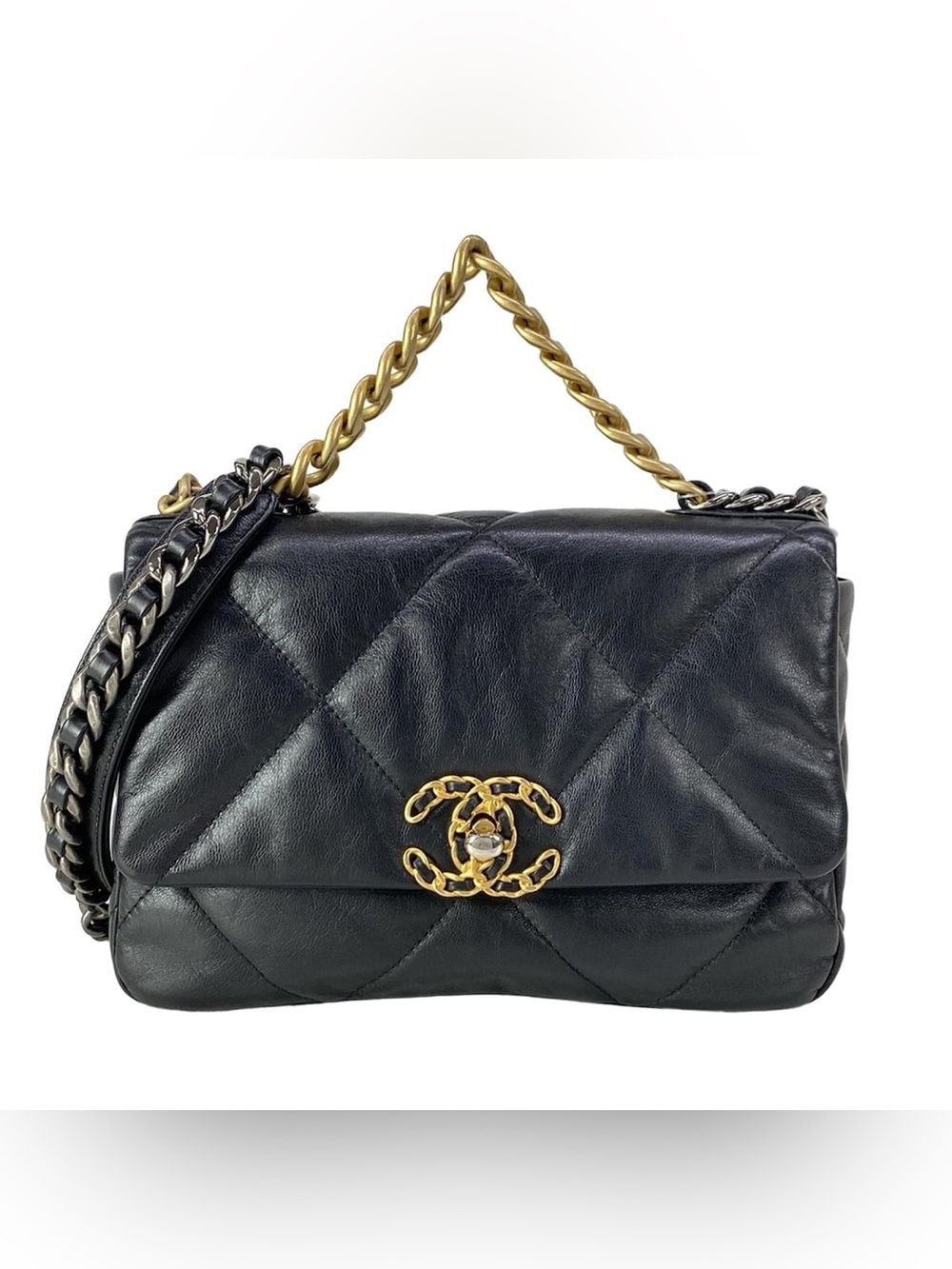 Authentic CHANEL 19 quilted Shiny lambskin gold silver medium crossbody